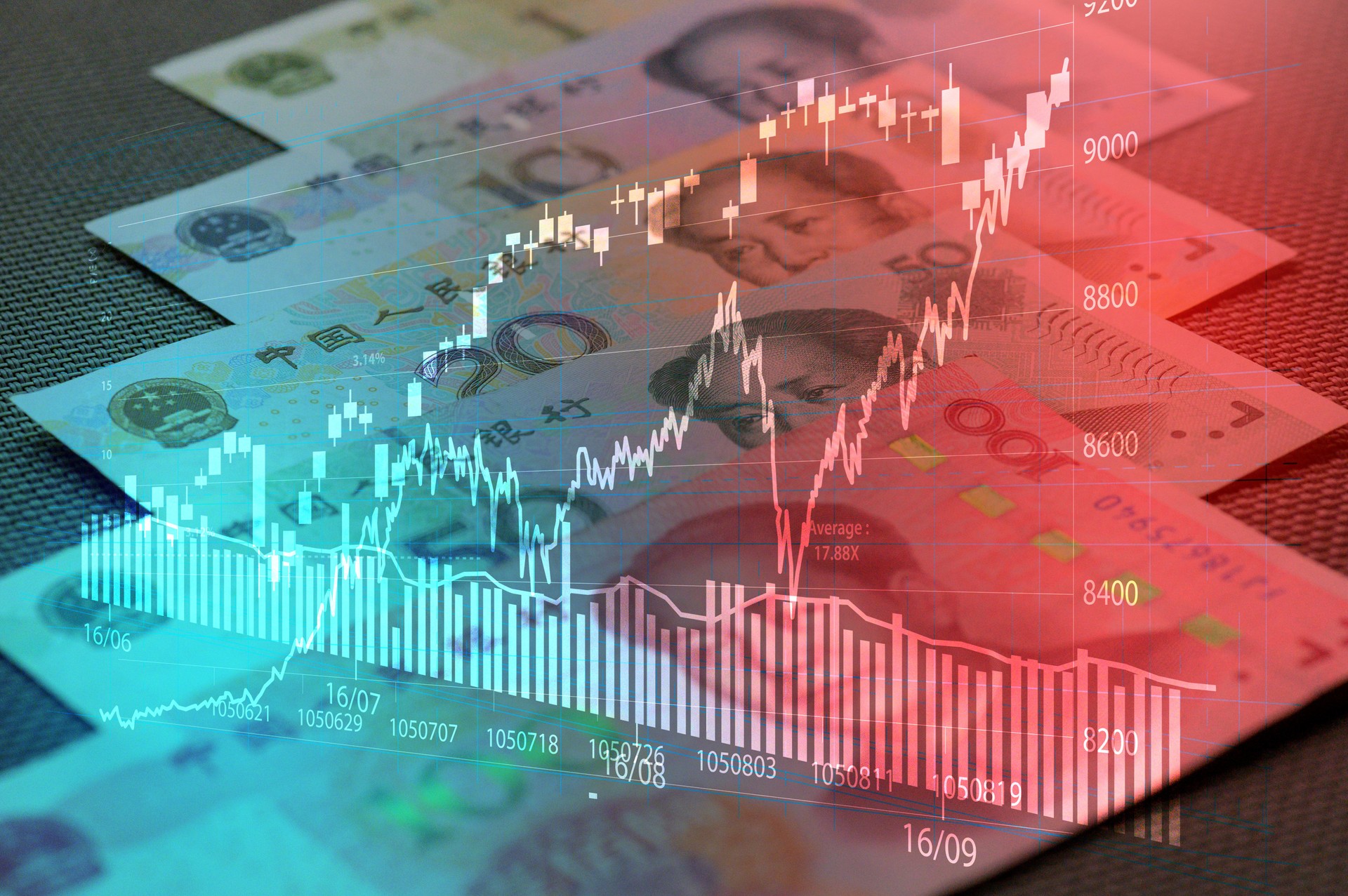 Finance background with Chinese Yuan cash note and stock chart